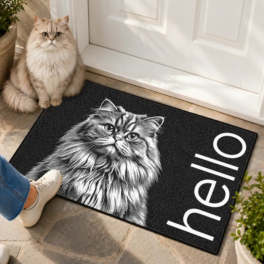 Art Design,Pet Lovers,Photo - Pencil Sketch - Bold,Happy - Custom Photo Bold Sketch Hello Welcome Lovely Pet Portrait - Personalized Doormat