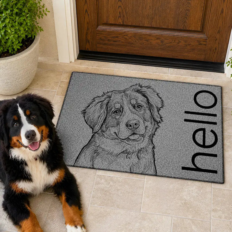 Art Design,Pet Lovers,Photo - Pencil Sketch - Bold,Happy - Custom Photo Bold Sketch Hello Welcome Lovely Pet Portrait - Personalized Doormat