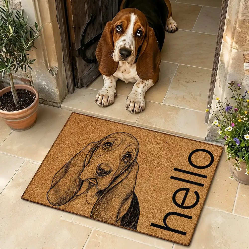 Custom Photo Bold Sketch Hello Welcome Lovely Pet Portrait - Personalized Doormat