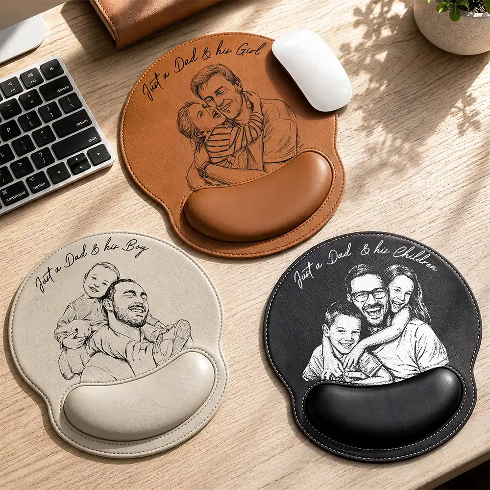 Gift For Husband,Dad - Children,Gift For Father,Non-Eng,Photo - Pencil Sketch (Bold),Sentimental - Custom Photo Bold Sketch Just A Dad And His Girl - Personalized Leather Mouse Pad