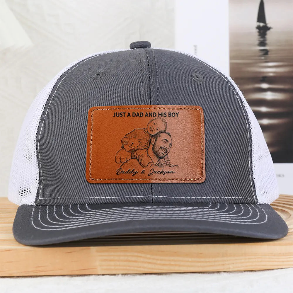 Custom Photo,Gift For Father,Dad - Daughters (Young),Photo - Pencil Sketch (Bold),Proud - Custom Photo Bold Sketch Just A Dad And His Girl - Personalized Leather Patch Hat