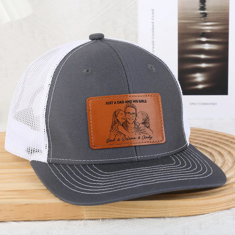 Custom Photo,Gift For Father,Dad - Daughters (Young),Photo - Pencil Sketch (Bold),Proud - Custom Photo Bold Sketch Just A Dad And His Girl - Personalized Leather Patch Hat