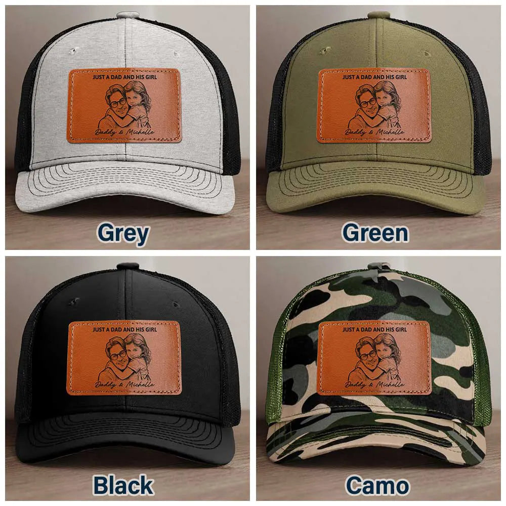 Custom Photo,Gift For Father,Dad - Daughters (Young),Photo - Pencil Sketch (Bold),Proud - Custom Photo Bold Sketch Just A Dad And His Girl - Personalized Leather Patch Hat