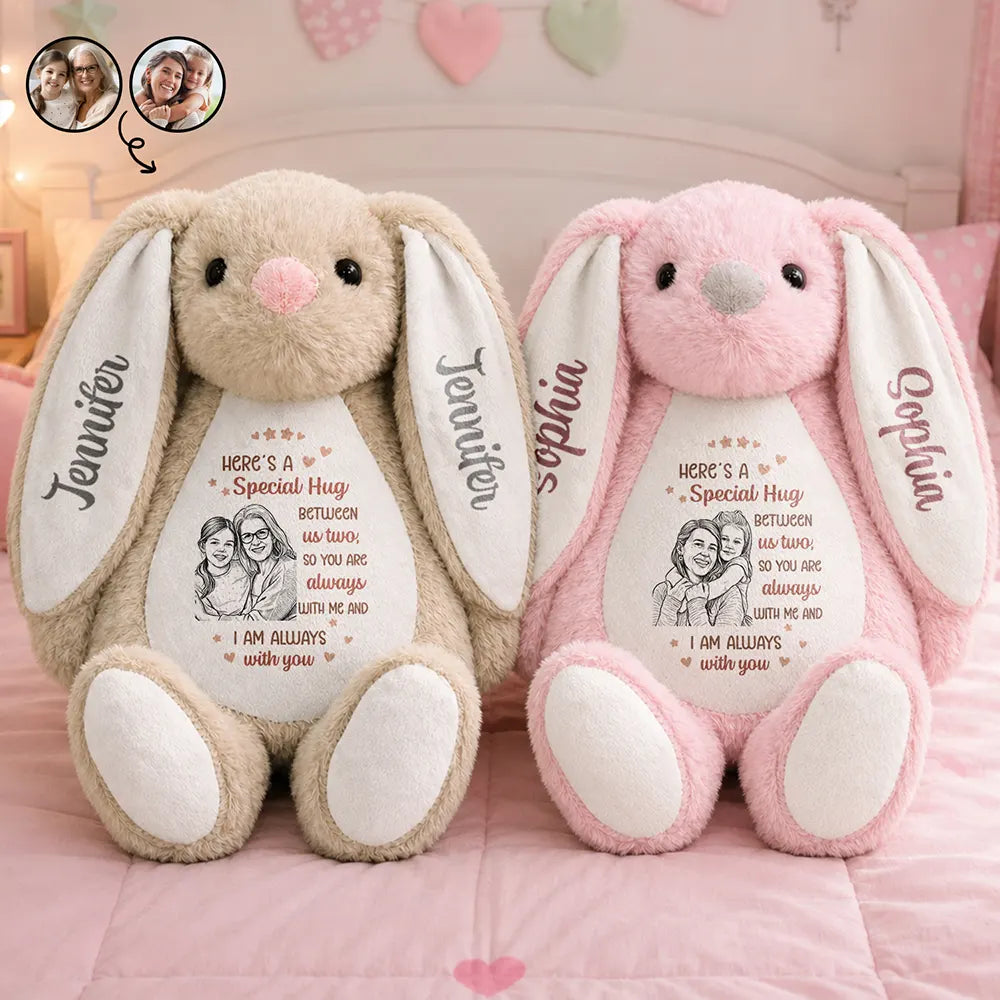Art Design,Sentimental,Back To School,Gift For Kids,Photo - Pencil Sketch - Bold - Custom Photo Bold Sketch Kid Here A Special Hug Between Us Two - Personalized Soft Toy Bunny