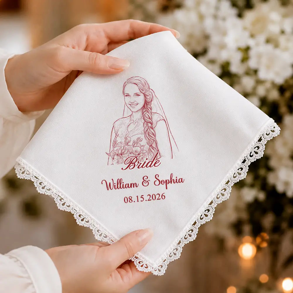 Art Design, Sentimental, Gift For Yourself, Gift For Women, Wedding, Photo - Pencil Sketch - Bold - Custom Photo Bold Sketch Mother Of The Bride Groom Keepsake - Personalized Handkerchief