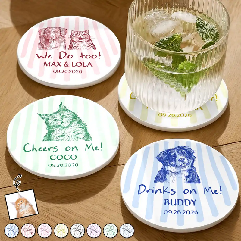 Art Design, Playful, Gift For Couples, Wedding, Photo - Pencil Sketch - Bold - Custom Photo Bold Sketch Pet Drinks On Me - Personalized Ceramic Coaster