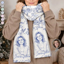 Art Design,Sentimental,Christmas,Gift For Yourself,Gift For Women,Photo - Pencil Sketch - Bold - Custom Photo Bold Sketch Portrait With Toile De Jouy Floral - Personalized Fleece Scarf