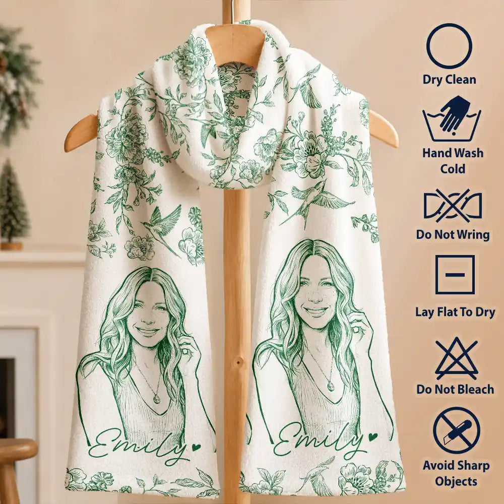 Art Design,Sentimental,Christmas,Gift For Yourself,Gift For Women,Photo - Pencil Sketch - Bold - Custom Photo Bold Sketch Portrait With Toile De Jouy Floral - Personalized Fleece Scarf