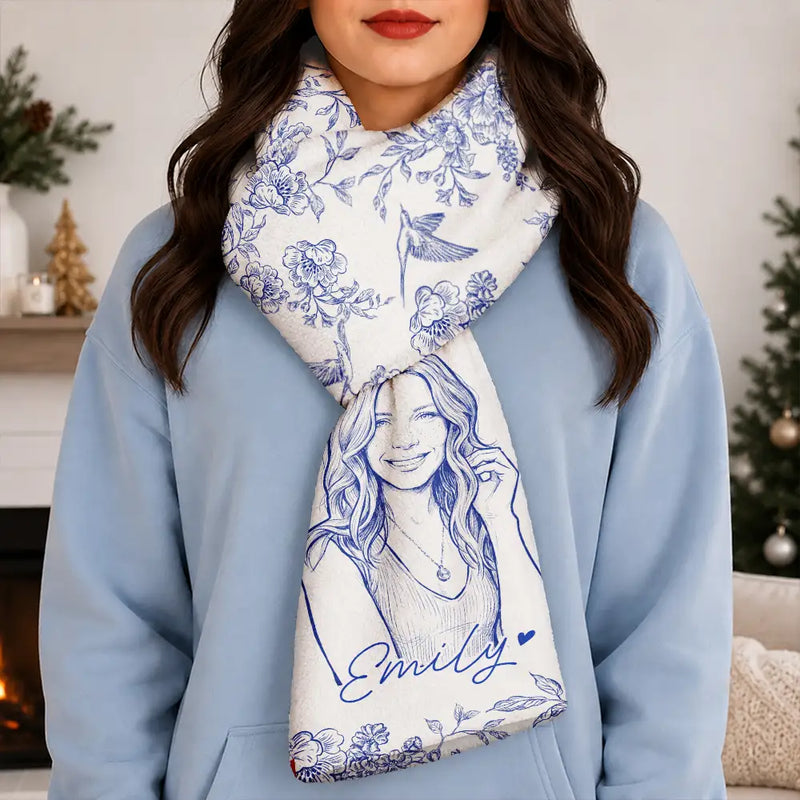 Art Design,Sentimental,Christmas,Gift For Yourself,Gift For Women,Photo - Pencil Sketch - Bold - Custom Photo Bold Sketch Portrait With Toile De Jouy Floral - Personalized Fleece Scarf