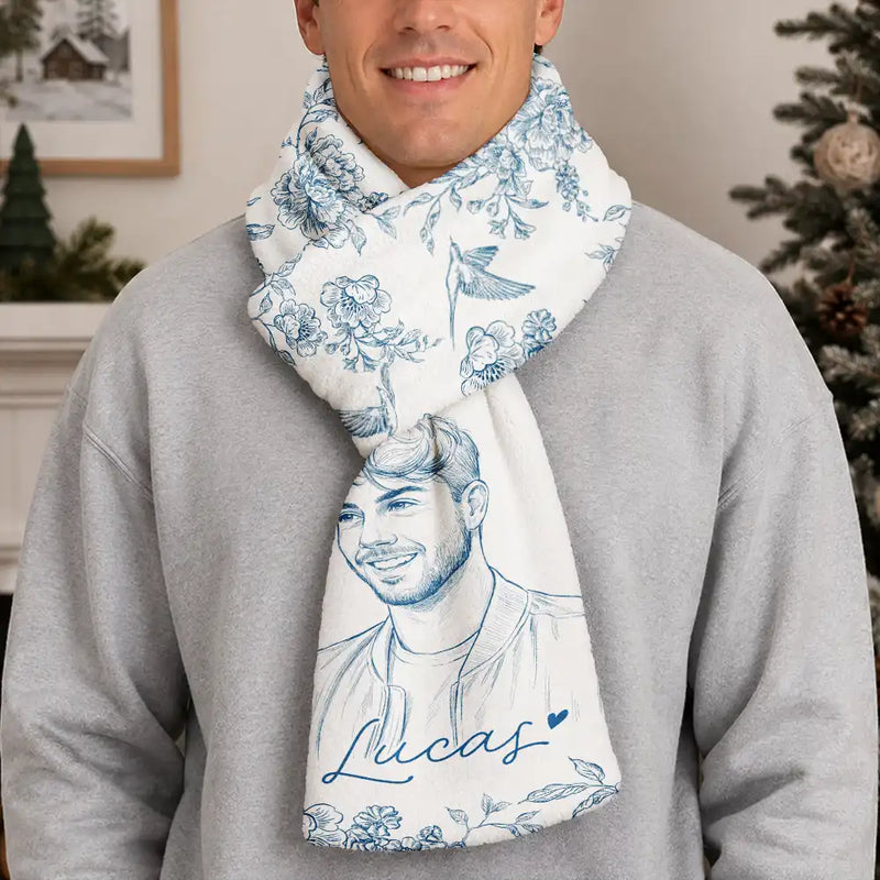 Art Design,Sentimental,Christmas,Gift For Yourself,Gift For Women,Photo - Pencil Sketch - Bold - Custom Photo Bold Sketch Portrait With Toile De Jouy Floral - Personalized Fleece Scarf
