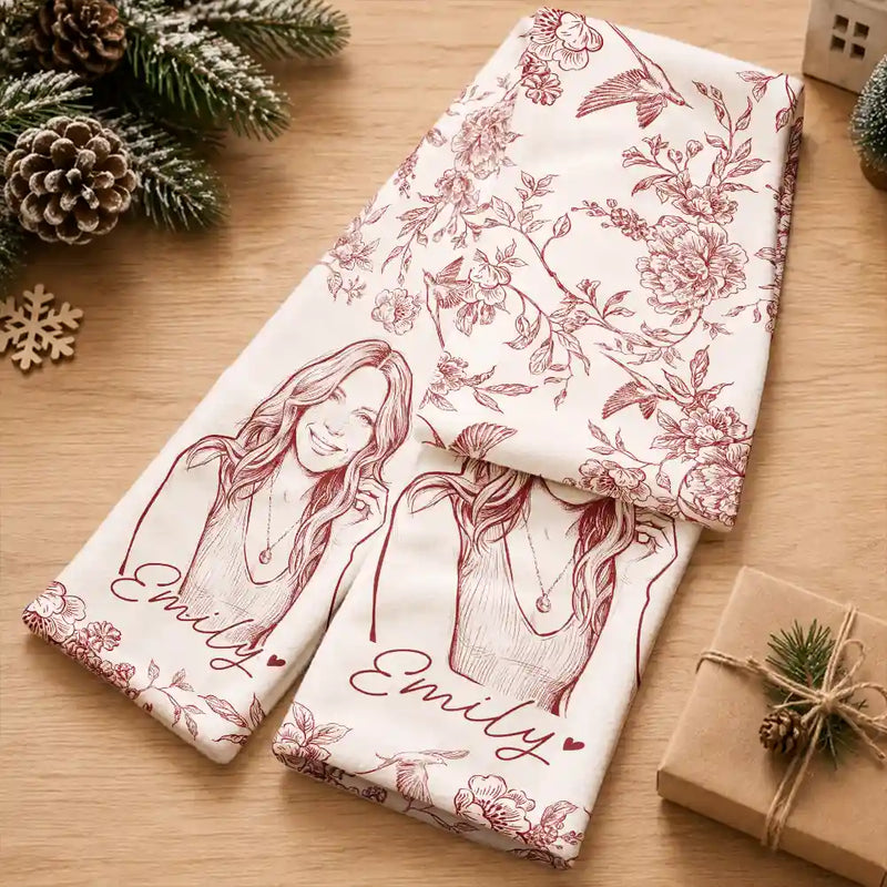 Art Design,Sentimental,Christmas,Gift For Yourself,Gift For Women,Photo - Pencil Sketch - Bold - Custom Photo Bold Sketch Portrait With Toile De Jouy Floral - Personalized Fleece Scarf