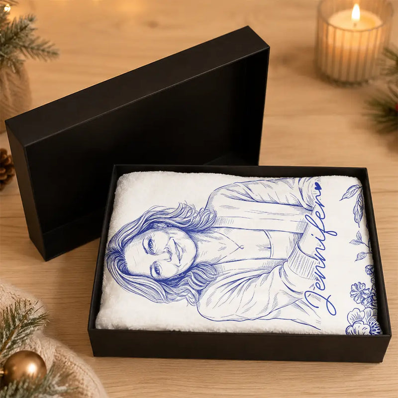 Art Design,Sentimental,Christmas,Gift For Yourself,Gift For Women,Photo - Pencil Sketch - Bold - Custom Photo Bold Sketch Portrait With Toile De Jouy Floral - Personalized Fleece Scarf