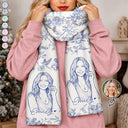 Art Design,Sentimental,Christmas,Gift For Yourself,Gift For Women,Photo - Pencil Sketch - Bold - Custom Photo Bold Sketch Portrait With Toile De Jouy Floral - Personalized Fleece Scarf