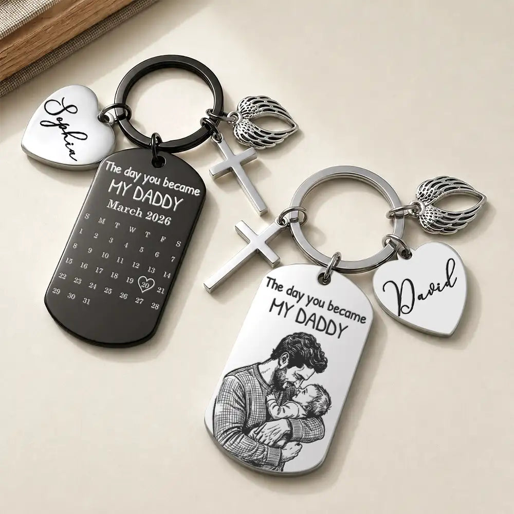 Gift For Husband,Gift For Mother,Gift For Father,New Dad,New Mom,Non-Eng,Photo - Pencil Sketch (Bold),Sentimental - Custom Photo Bold Sketch The Day You Became My Dad - Personalized Stainless Steel Keychain