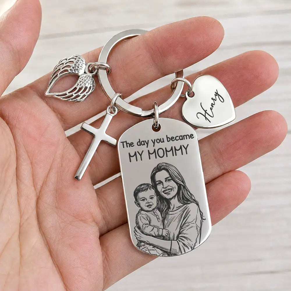 Gift For Husband,Gift For Mother,Gift For Father,New Dad,New Mom,Non-Eng,Photo - Pencil Sketch (Bold),Sentimental - Custom Photo Bold Sketch The Day You Became My Dad - Personalized Stainless Steel Keychain