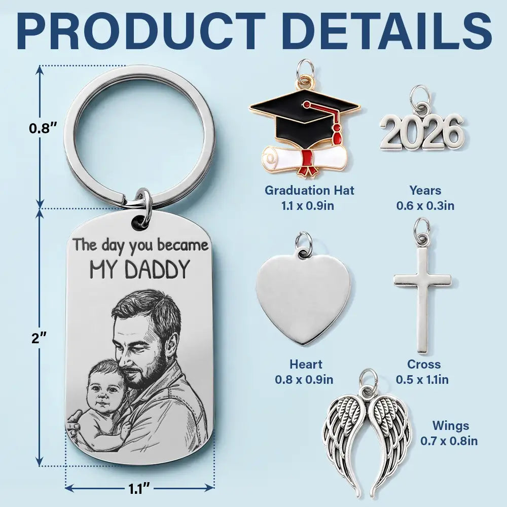 Gift For Husband,Gift For Mother,Gift For Father,New Dad,New Mom,Non-Eng,Photo - Pencil Sketch (Bold),Sentimental - Custom Photo Bold Sketch The Day You Became My Dad - Personalized Stainless Steel Keychain