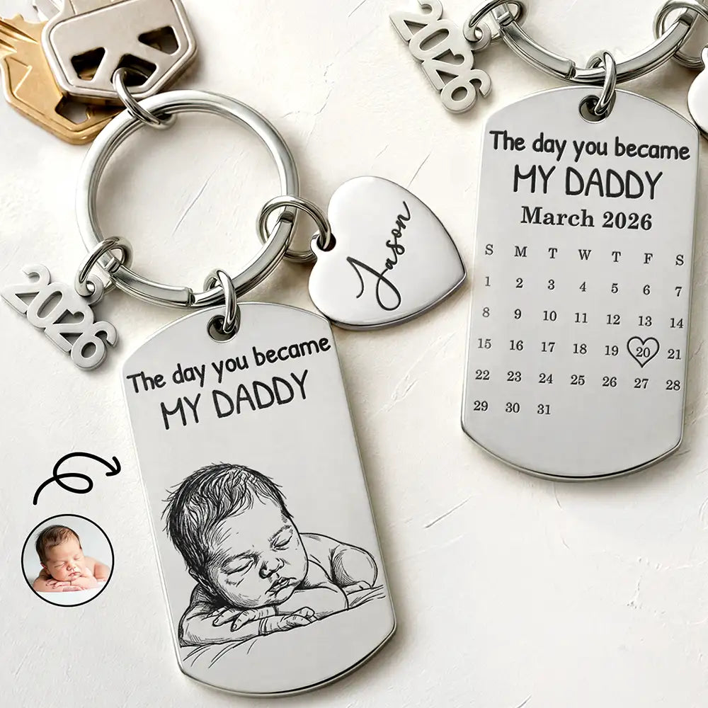 Gift For Husband,Gift For Mother,Gift For Father,New Dad,New Mom,Non-Eng,Photo - Pencil Sketch (Bold),Sentimental - Custom Photo Bold Sketch The Day You Became My Dad - Personalized Stainless Steel Keychain