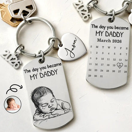 Custom Photo Bold Sketch The Day You Became My Dad - Personalized Stainless Steel Keychain