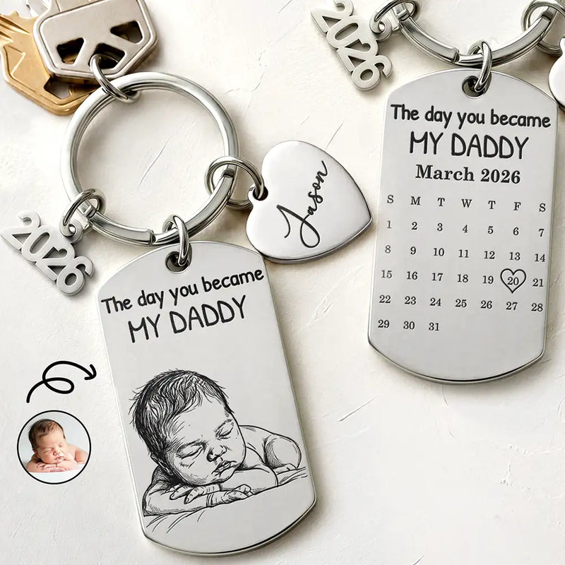 Gift For Husband,Gift For Mother,Gift For Father,New Dad,New Mom,Non-Eng,Photo - Pencil Sketch (Bold),Sentimental - Custom Photo Bold Sketch The Day You Became My Dad - Personalized Stainless Steel Keychain