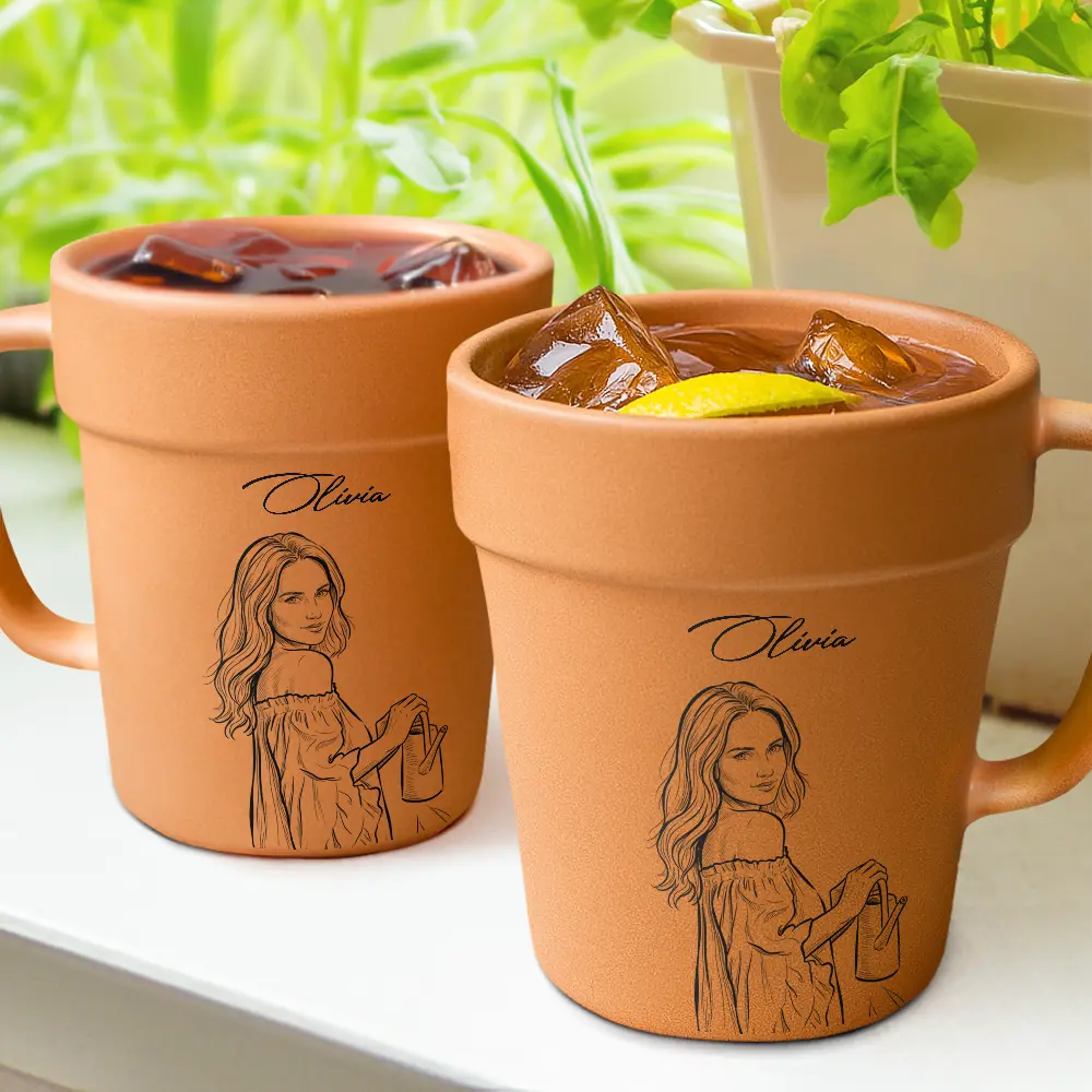 Gardening, Custom Photo, Art Design, Summer, Pet Lovers, Playful, Photo - Pencil Sketch - Bold - Custom Photo Bold Sketch Woman Man Dog Cat Funny Portrait - Personalized Plant Pot Ceramic Mug