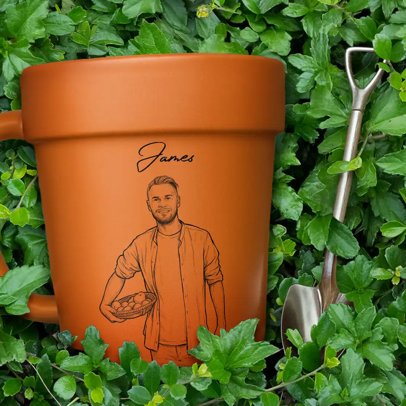 Gardening, Custom Photo, Art Design, Summer, Pet Lovers, Playful, Photo - Pencil Sketch - Bold - Custom Photo Bold Sketch Woman Man Dog Cat Funny Portrait - Personalized Plant Pot Ceramic Mug