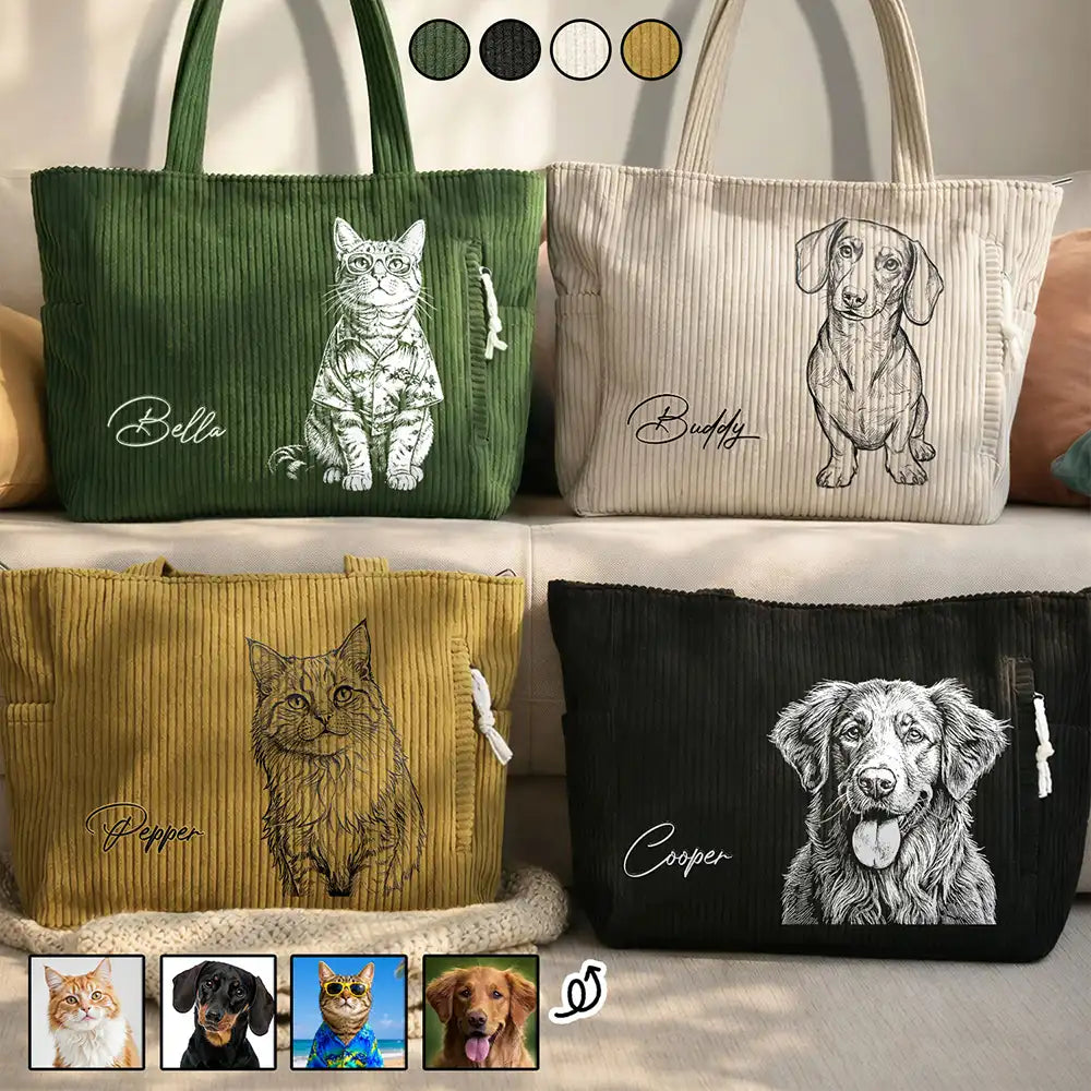 Custom Photo, Beach, Art Design, Summer, Pet Lovers, Playful, Photo - Pencil Sketch - Bold - Custom Photo Bold Sketch Woman Man Dog Cat Funny Portrait - Personalized Corduroy Tote Bag