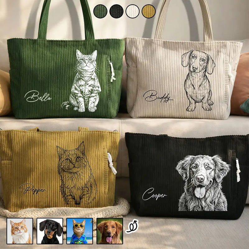 Custom Photo, Beach, Art Design, Summer, Pet Lovers, Playful, Photo - Pencil Sketch - Bold - Custom Photo Bold Sketch Woman Man Dog Cat Funny Portrait - Personalized Corduroy Tote Bag