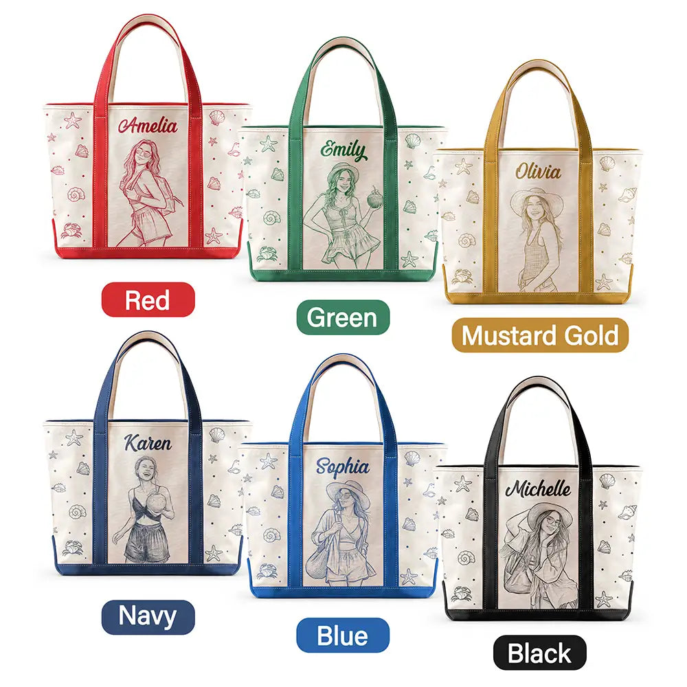Art Design,Beach,Gift For Yourself,Gift For Women,Photo - Pencil Sketch - Bold,Happy - Custom Photo Bold Sketch Woman Portrait Summer Vibes - Personalized Fabric Tote Bag