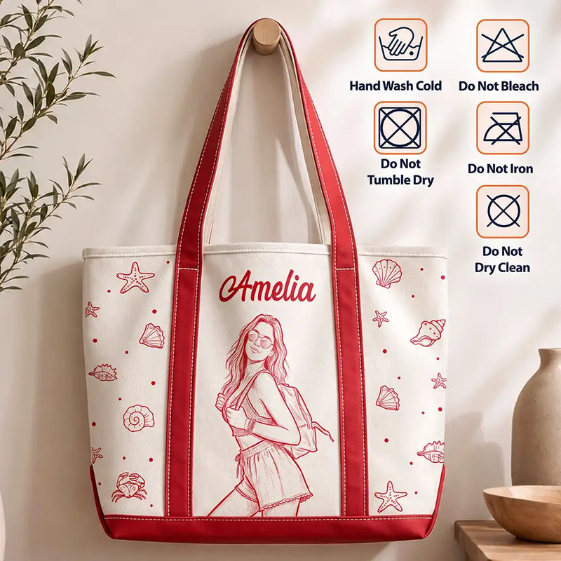 Art Design,Beach,Gift For Yourself,Gift For Women,Photo - Pencil Sketch - Bold,Happy - Custom Photo Bold Sketch Woman Portrait Summer Vibes - Personalized Fabric Tote Bag