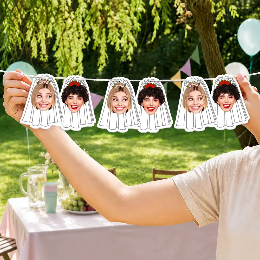 Custom Photo, Gift For Couples, Wedding, Humorous, Cut-Face Photo, Icon - Custom Photo Bride And Groom Face For Wedding, Bachelorette, Bridal Shower - Personalized Garland Banner