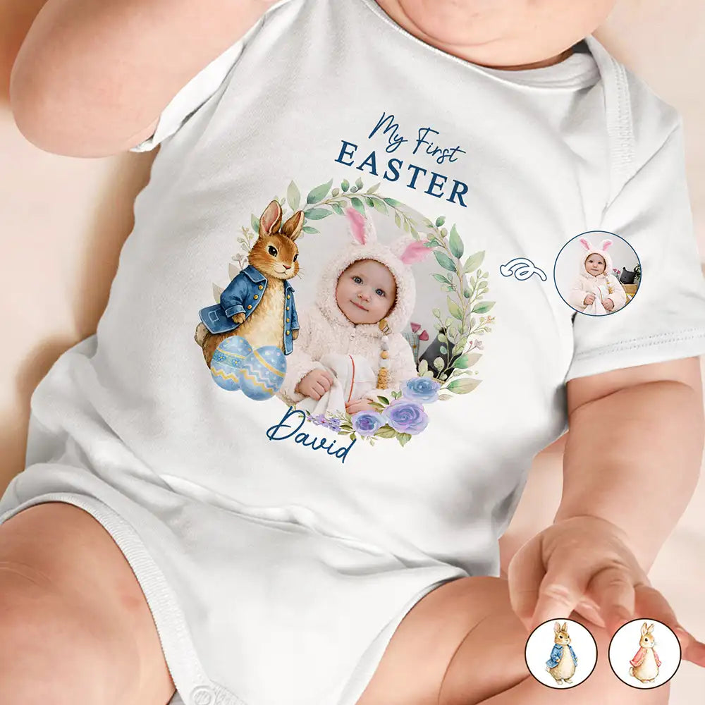 Gift For Kids,Grandma - Grandkids,Gift For Grandkids,Dad - Children,Mom - Children,Easter,Happy,New baby - Custom Photo Bunny First Easter - Personalized Baby Onesie