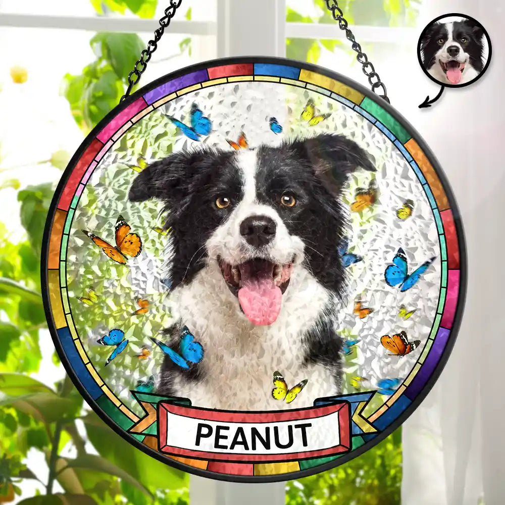 Pet Lovers,Pet Mom,Pet Dad,Dog Lovers,Dog Mom,Dog Dad,Cat Lovers,Cat Mom,Cat Dad,Love - Custom Photo Butterflies Dog Cat - Personalized Stained Glass Window Hanging Suncatcher