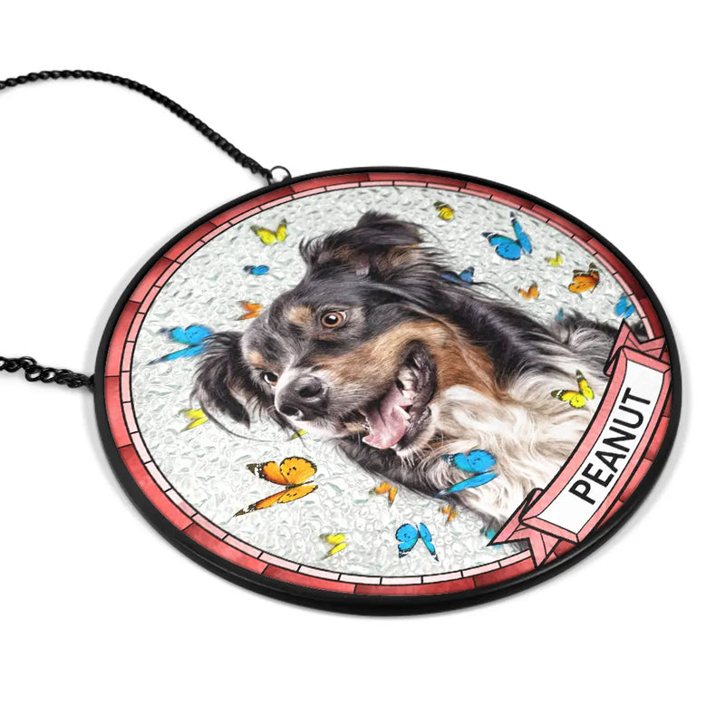 Pet Lovers,Pet Mom,Pet Dad,Dog Lovers,Dog Mom,Dog Dad,Cat Lovers,Cat Mom,Cat Dad,Love - Custom Photo Butterflies Dog Cat - Personalized Stained Glass Window Hanging Suncatcher