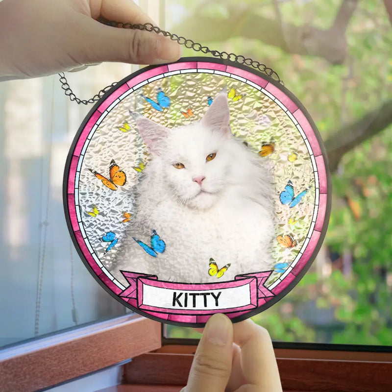 Pet Lovers,Pet Mom,Pet Dad,Dog Lovers,Dog Mom,Dog Dad,Cat Lovers,Cat Mom,Cat Dad,Love - Custom Photo Butterflies Dog Cat - Personalized Stained Glass Window Hanging Suncatcher