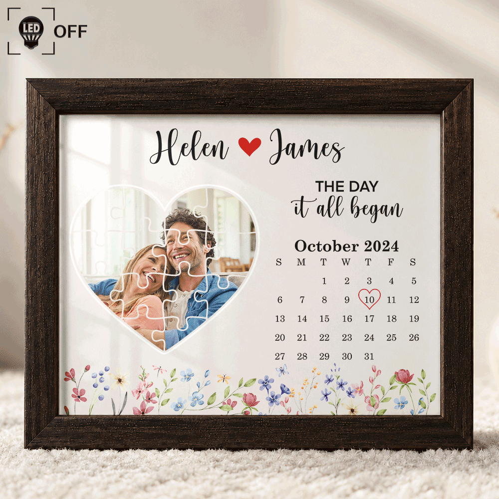 Christmas,Custom Photo,Romantic,Gift For Couples,Upload Full Photo,Calendar - Custom Photo Calendar Couples The Day I Found My Missing Piece - Personalized LED Light Shadow Box