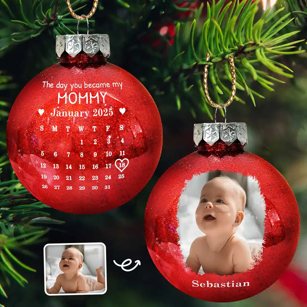 Christmas, New baby, New Dad, New Mom - Custom Photo Calendar The Day You Became My Mommy Daddy - Personalized Ball Ornament
