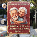 Custom Photo, Art Design, Gift For Couples, Old Couples, Humorous, Photo - Caricature - Remove BG - Custom Photo Caricature A Lovely Lady And A Grumpy Old Man Live Here - Personalized Classic Metal Signs