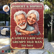 Custom Photo, Art Design, Gift For Couples, Old Couples, Humorous, Photo - Caricature - Remove BG - Custom Photo Caricature A Lovely Lady And A Grumpy Old Man Live Here - Personalized Classic Metal Signs