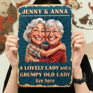 Custom Photo, Art Design, Gift For Couples, Old Couples, Humorous, Photo - Caricature - Remove BG - Custom Photo Caricature A Lovely Lady And A Grumpy Old Man Live Here - Personalized Classic Metal Signs