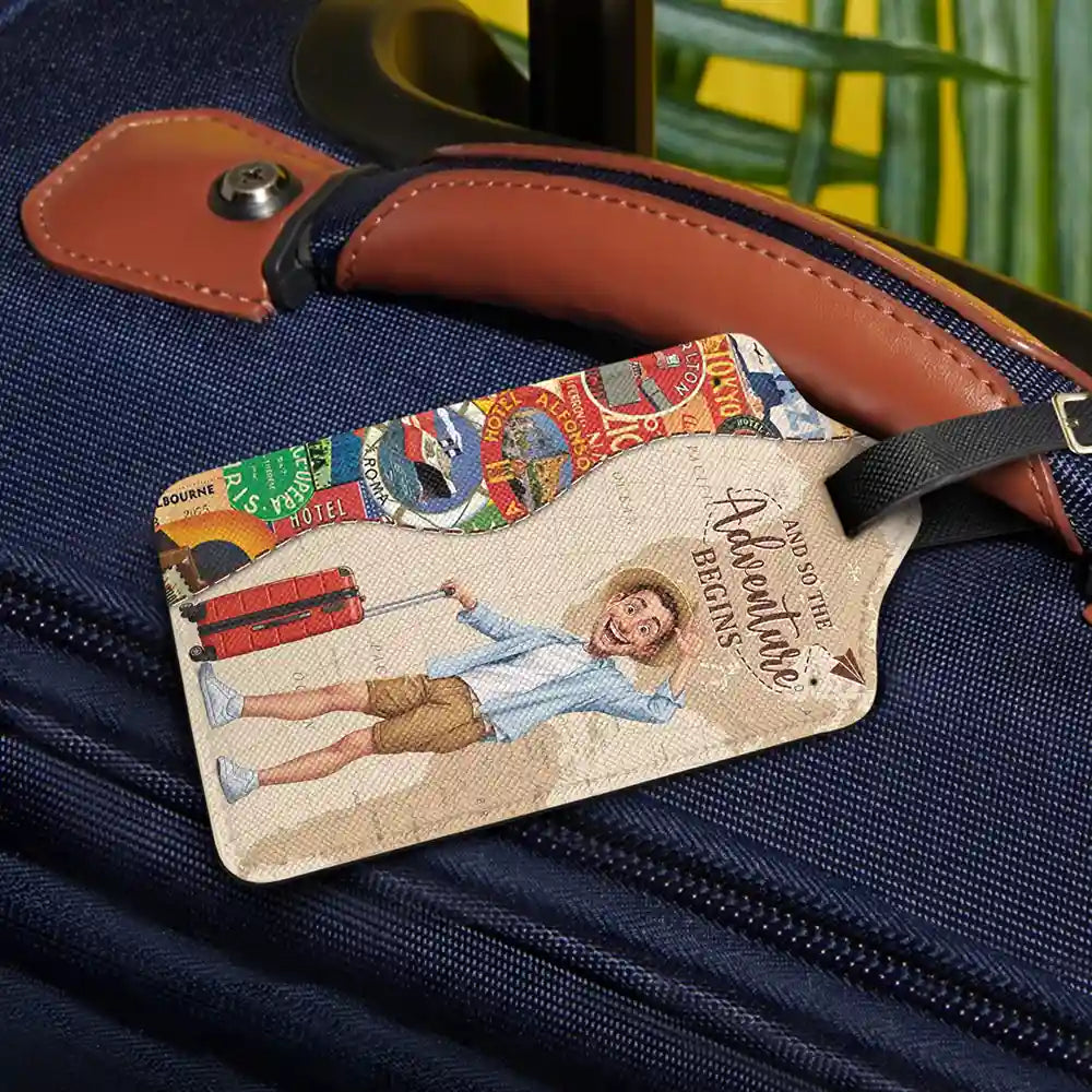 Travel,Art Design,Confident,Gift For Yourself,Summer,Photo - Caricature - Remove BG - Custom Photo Caricature And So The Adventure Begins Travel Lover - Personalized Luggage Tag