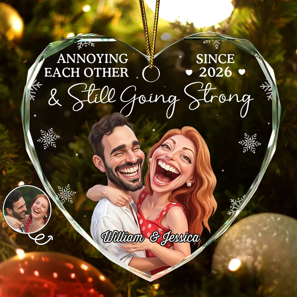 Art Design,Christmas,Humorous,Gift For Couples,Photo - Caricature - Remove BG - Custom Photo Caricature Annoying Each Other And Still Going Strong - Personalized Heart Shaped Glass Ornament