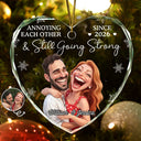 Art Design,Christmas,Humorous,Gift For Couples,Photo - Caricature - Remove BG - Custom Photo Caricature Annoying Each Other And Still Going Strong - Personalized Heart Shaped Glass Ornament