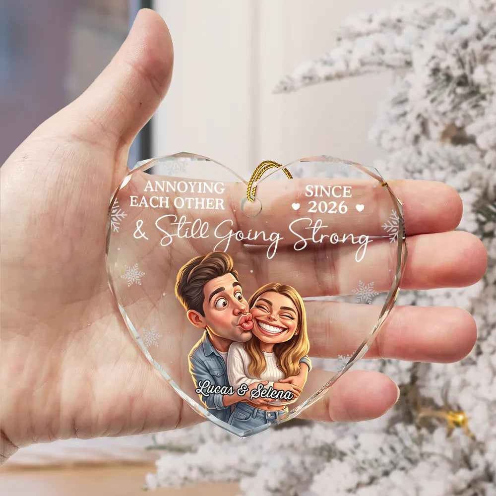 Art Design,Christmas,Humorous,Gift For Couples,Photo - Caricature - Remove BG - Custom Photo Caricature Annoying Each Other And Still Going Strong - Personalized Heart Shaped Glass Ornament
