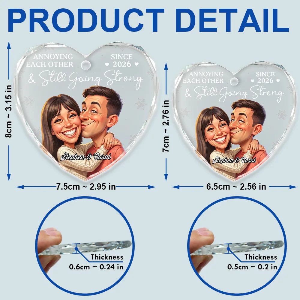 Art Design,Christmas,Humorous,Gift For Couples,Photo - Caricature - Remove BG - Custom Photo Caricature Annoying Each Other And Still Going Strong - Personalized Heart Shaped Glass Ornament
