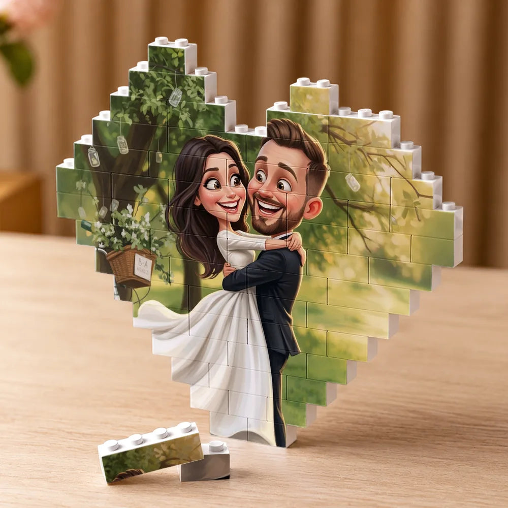 Custom Photo, Art Design, Gift For Couples, Top Market, Romantic, Photo - Caricature - With BG - Custom Photo Caricature Couple Anniversary Romantic - Personalized Building Brick Blocks