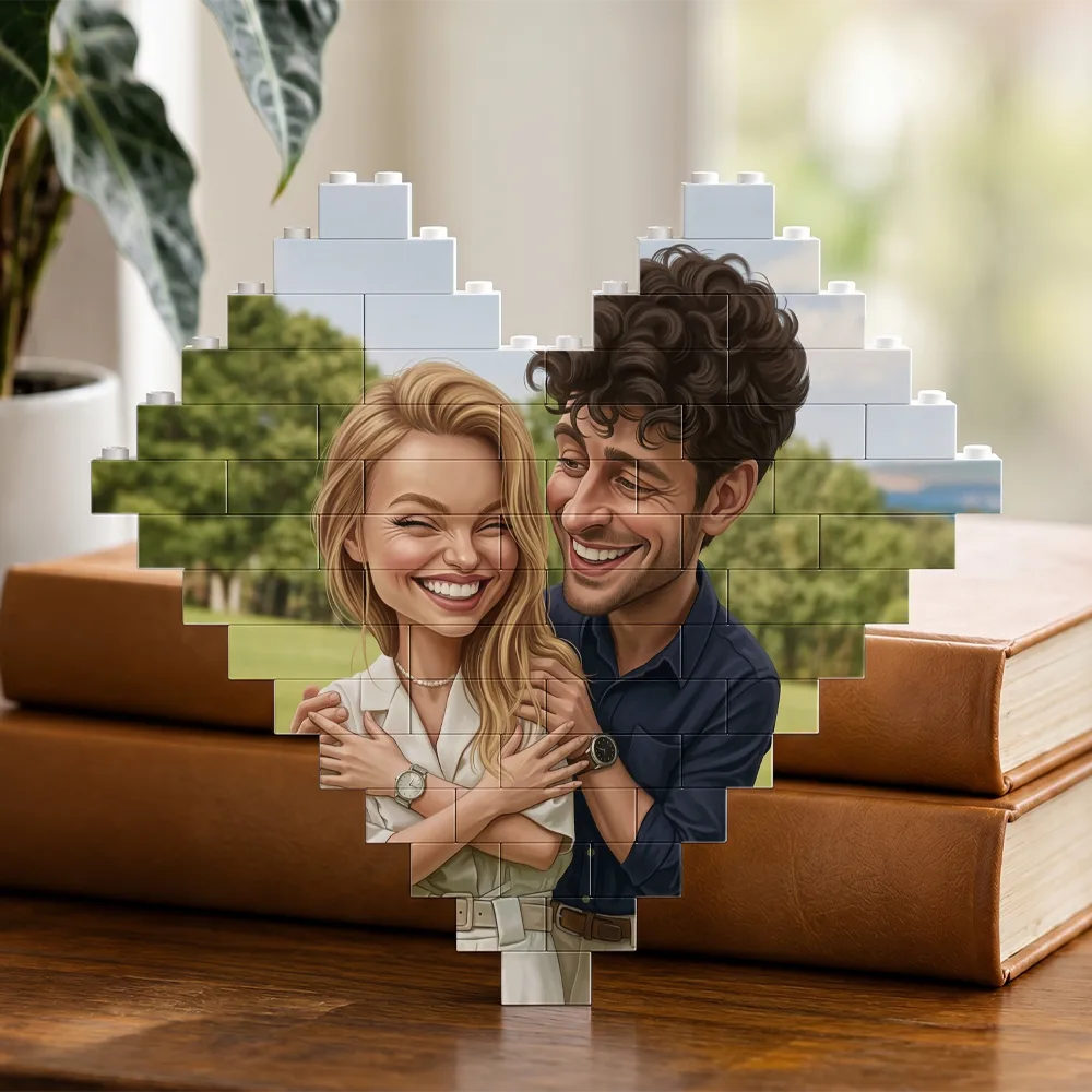Custom Photo, Art Design, Gift For Couples, Top Market, Romantic, Photo - Caricature - With BG - Custom Photo Caricature Couple Anniversary Romantic - Personalized Building Brick Blocks