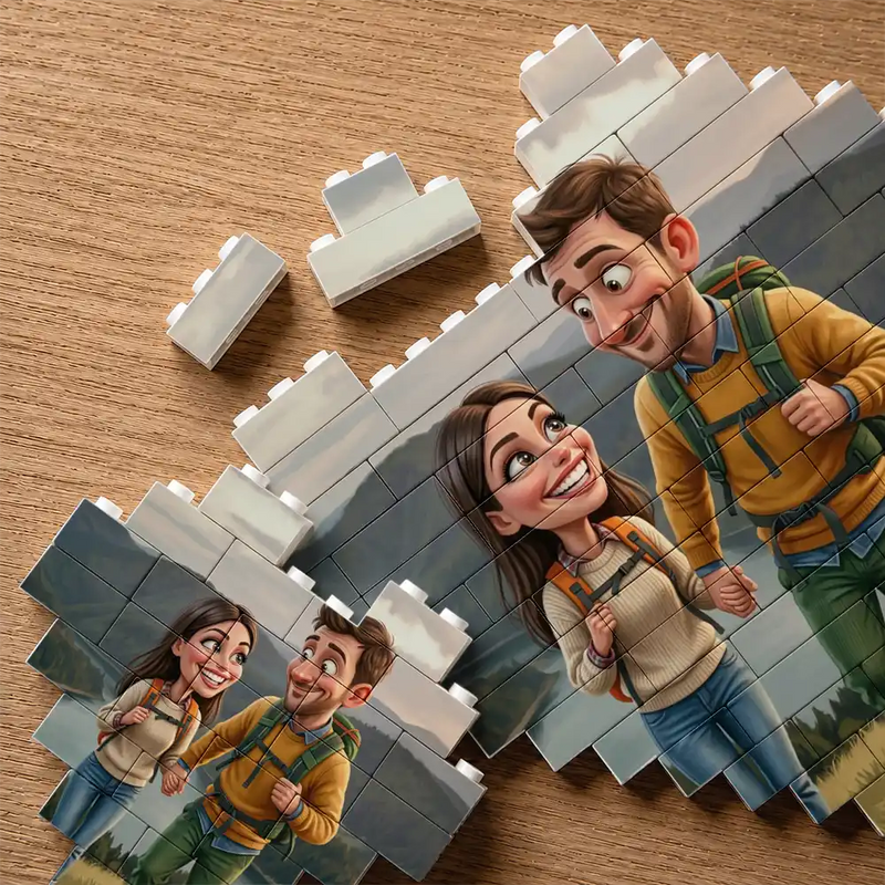 Custom Photo, Art Design, Gift For Couples, Top Market, Romantic, Photo - Caricature - With BG - Custom Photo Caricature Couple Anniversary Romantic - Personalized Building Brick Blocks