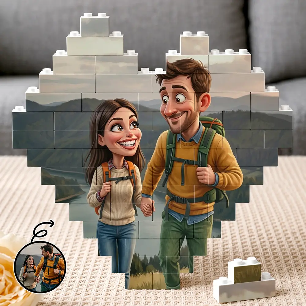 Custom Photo, Art Design, Gift For Couples, Top Market, Romantic, Photo - Caricature - With BG - Custom Photo Caricature Couple Anniversary Romantic - Personalized Building Brick Blocks
