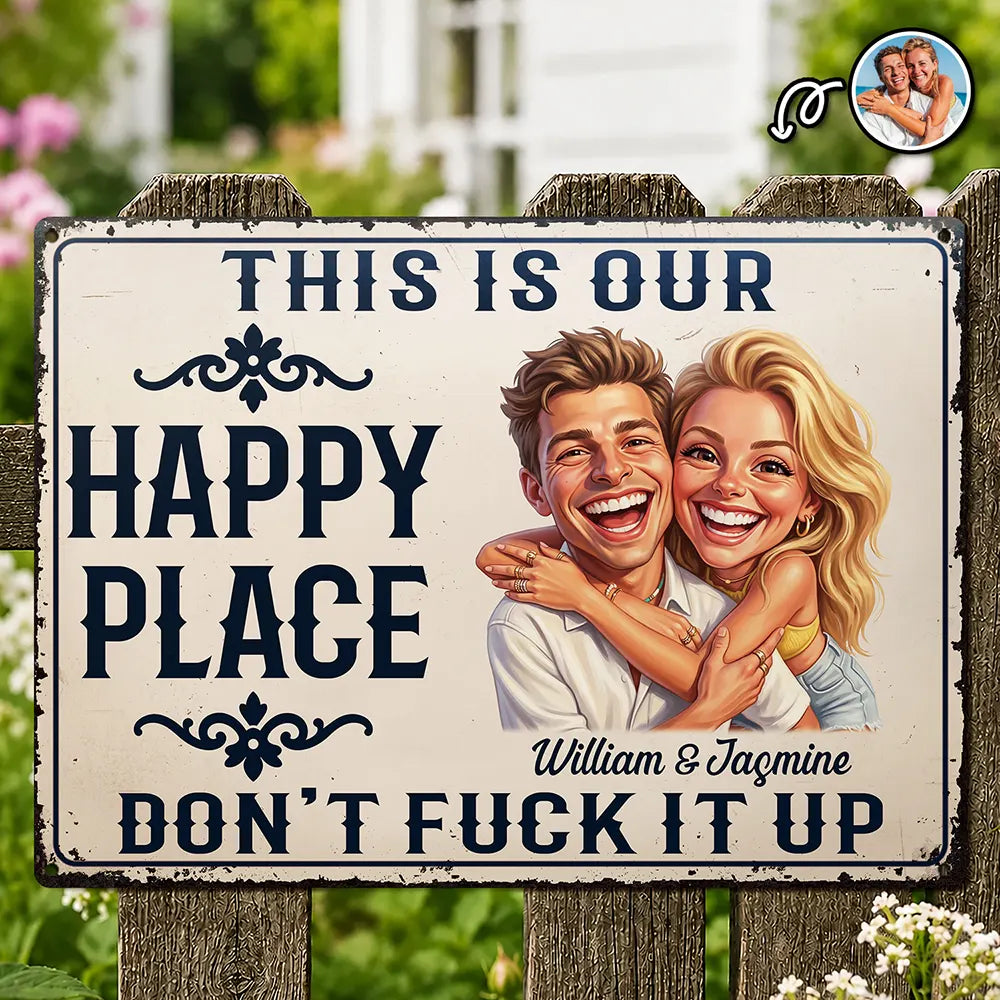 Custom Photo, Art Design, Summer, Gift For Couples, Humorous, Photo - Caricature - Remove BG - Custom Photo Caricature Couple Summer This Is Our Happy Place - Personalized Classic Metal Signs