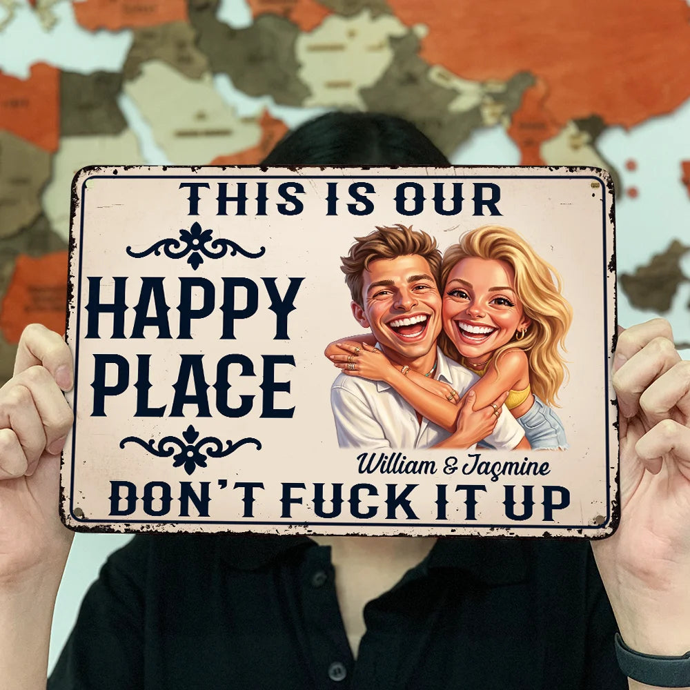 Custom Photo, Art Design, Summer, Gift For Couples, Humorous, Photo - Caricature - Remove BG - Custom Photo Caricature Couple Summer This Is Our Happy Place - Personalized Classic Metal Signs
